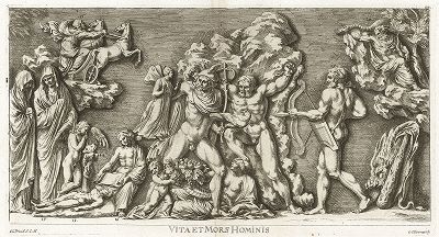 Жизнь и смерть человека. Рельеф с мраморного "саркофага Прометея", часть вторая. "Iconologia Deorum,  oder Abbildung der Götter ...", Нюренберг, 1680. 