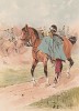 Драгун австро-венгерской армии, седлающий лошадь (из "Иллюстрированной истории верховой езды", изданной в Париже в 1893 году)