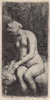 Офорт Рембрандт"Женщина, омывающая ноги в ручье", 1658 год. 