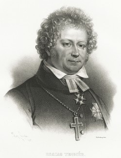 Эсайас Тегнер (13 ноября 1782 - 2 ноября 1846), поэт, член Королевской академии (1818), епископ (1824). Galleri af Utmarkta Svenska larde Mitterhetsidkare orh Konstnarer. Стокгольм, 1842