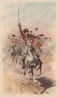 1890-е гг. Русские гвардейские гусары в атаке (из "Иллюстрированной истории верховой езды", изданной в Париже в 1893 году)