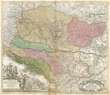 Карта Венгрии, Хорватии и близлежащих областей. Regnorum Hungariae Dalmatiae, Croatiae, Scavoniae, Bosniae, Serviae et principatus Transilvaniae.