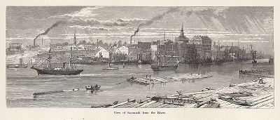 Вид на город Саванна, штат Джорджия, с одноимённой реки. Лист из издания "Picturesque America", т.I, Нью-Йорк, 1872.