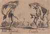 Белло Сгвардо и Ковиелло (Bello Sguardo - Coviello). Из цикла офортов конца 19 века, выполненного по серии гравюр Жака Калло "Balli Di Sfessania" (Танцы беззадых (бескостных)), в которой он изобразил персонажей итальянской "Комедии дель Арте"