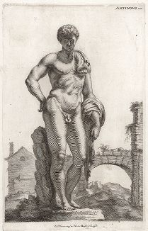 Гермес (Антиной) Бельведерский. Лист из Sculpturae veteris admiranda ... Иоахима фон Зандрарта, Нюрнберг, 1680 год. 