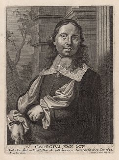 Йорис ван Сон (1623 -- 1677 гг.) -- фламандский живописец, специализировавшийся на натюрмортах с цветами и фруктами. Гравюра Конрада Лауверса с оригинала Эразма Квеллина. 