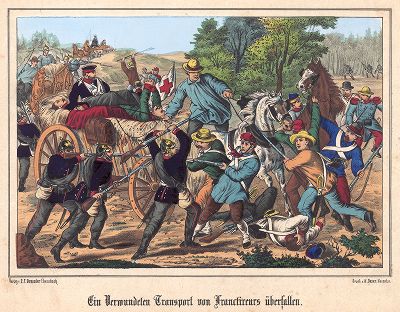 Франко-прусская война 1870-71 гг. Прусские гренадеры отбивают нападение французов на медицинский транспорт. Редкая немецкая литография
