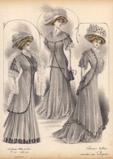 Английские дамские костюмы стального цвета с боа и без оного от модельера Пакен. Les grandes modes de Paris, 1907