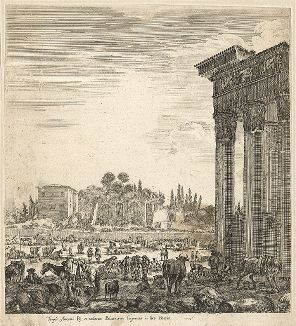 Храм Антония и Римский форум с рынком. Офорт Стефано Делла Белла 1656 года. 