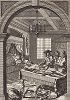 Нидерландский анатом Ренье де Грааф (1641 -- 1673) проводит препарирование в комнате больного. Титульный лист его трактата "О панкеатическом соке", выпущенного в Лейдене в 1671 г. 