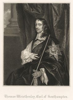 Томас Ризли, 4-й граф Саутгемптон (1607-1667) - лорд-казначей Великобритании. Portraits of Illustrious Personages of Great Britain, Лондон, 1823-34 гг.