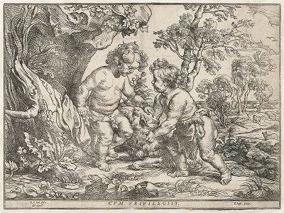Младенцы Иисус и Иоанн играют с ягненком. Ксилография Кристофеля Йегера по оригиналу Питера Пауля Рубенса, ок. 1632-36 гг. 