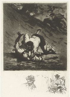Осел и двое дерущихся (Два вора). Акватинта Огюста Бруэ по оригиналу Оноре Домье, 1907 год.