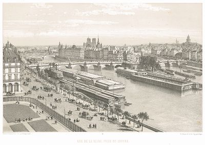 Вид на Сену, остров Сите и Пон-Нёф (Новый мост) из Лувра (из работы Paris dans sa splendeur, изданной в Париже в 1860-е годы)