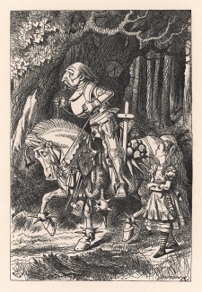 Алиса подумала, что в жизни не видала такого странного воина (иллюстрация Джона Тенниела к книге Льюиса Кэрролла «Алиса в Зазеркалье», выпущенной в Лондоне в 1870 году)