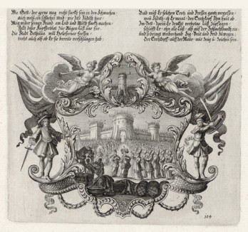 Торжественная встреча Юдифи (из Biblisches Engel- und Kunstwerk -- шедевра германского барокко. Гравировал неподражаемый Иоганн Ульрих Краусс в Аугсбурге в 1700 году)