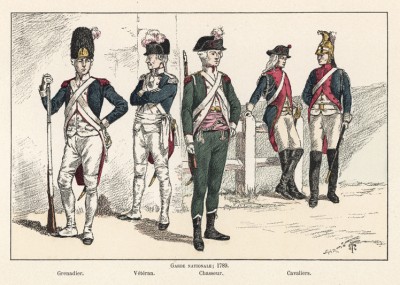 Национальные гвардейцы 1789 года: гренадер, ветеран, стрелок и кавалеристы. Ville de Paris. Histoire des gardiens de la paix. Париж, 1896