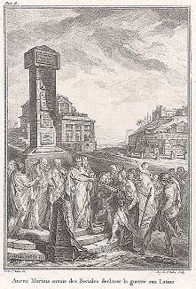 Марций посылает фециала объявить войну латинянам. Лист из "Краткой истории Рима" (Abrege De L'Histoire Romaine), Париж, 1760-1765 годы