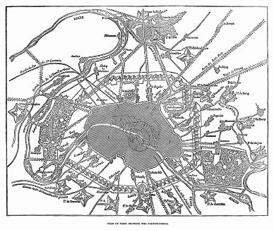 Генеральный план Парижа, иллюстрирующий расположение фортификаций, использовавшихся для борьбы во время буржуазно--демократической Революции 1848 года, свергнувшей короля Луи--Филиппа I (The Illustrated London News №305&306 от 04/03/1848 г.)