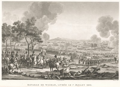 Сражение при Ваграме 7 июля 1809 г. Гравюра из альбома "Военные кампании Франции времён Консульства и Империи". Campagnes des francais sous le Consulat et l'Empire. Париж, 1834