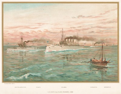 Испано-американская война 1898 года. Американский монитор (канонерская лодка) "Амфитрит" и легкие крейсеры "Атланта" (в центре), "Колумбия", "Чарльстон" и "Миннеаполис" у берегов Кубы. The United States Army and Navy.. Чикаго, 1899