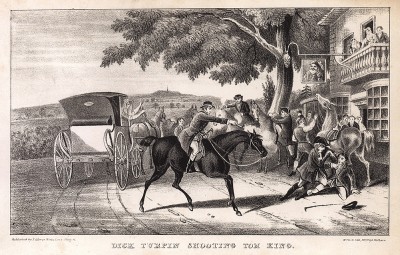 Дик Турпин стреляет - и убивает своего товарища Тома Кинга, тоже знаменитого разбойника. Turpin's Ride to York. Лондон, 1839