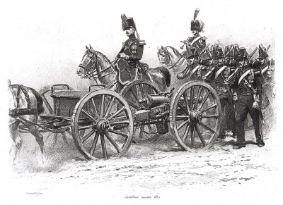 Расчёт французской горной артиллерии на марше в 1840 году (из Types et uniformes. L'armée françáise par Éduard Detaille. Париж. 1889 год)