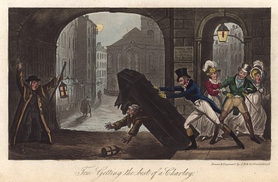 Том выводит из душевного равновесия ночного сторожа Чарли, опрокидывая его будку, а Джерри в это время хохочет, с двумя девицами в обнимку. Акватинта Джорджа Крукшенка. Лондон, 1822