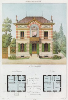 Летний дом современной архитектуры с деревянным балкончиком и садом (из популярного у парижских архитекторов 1880-х Nouvelles maisons de campagne...)