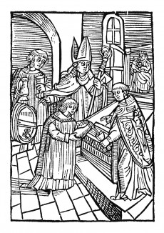 Святой Вольфганг освящает вино. Из "Жития Святого Вольфганга" (Das Leben S. Wolfgangs) неизвестного немецкого мастера. Издал Johann Weyssenburger, Ландсхут, 1515