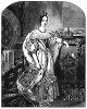 Королева Изабелла II (1830 -- 1904 гг.) из династии Бурбонов, ставшая первым конституционным монархом Испании, свергнутая в 1868 году и покинувшая страну (Supplement to The Illustrated London News от 20/04/1844 г.)