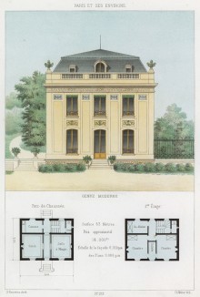 Фасад летнего дома, украшенный изразцами, балюстрадой и вазонами (из популярного у парижских архитекторов 1880-х Nouvelles maisons de campagne...)