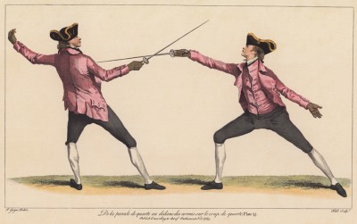 Показ укола через защиту на удар из четвёртой позиции (лист 15 знаменитого учебника по фехтованию Доменико Анджело, изданного в 1763 году в Лондоне). Репринт 1968 года.