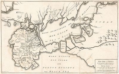 Новая карта Крыма по рисункам русских инженеров с указанием маршей русской армии в 1736 и 1737 годах под командованием маршалов Миниха и Ласи. 