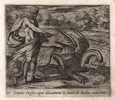 Аполлон превращает змея в камень. Гравировал Антонио Темпеста для своей знаменитой серии "Метаморфозы" Овидия, л.100. Амстердам, 1606