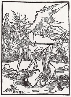 Нечестный дурак, нашедший сокровища (иллюстрация к главе 20 книги Себастьяна Бранта "Корабль дураков", гравированная Дюрером в 1494 году)