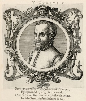 Валерий Кордус (1515--1544 гг.) -- выдающийся немецкий фармацевт и ботаник (лист 51 иллюстраций к известной работе Medicorum philosophorumque icones ex bibliotheca Johannis Sambuci, изданной в Антверпене в 1603 году)