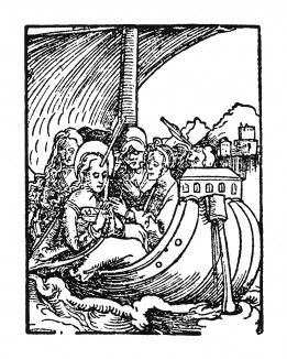 Святая мученица Урсула на корабле с десятью благочестивыми девами. Ганс Бальдунг Грин. Иллюстрация к Hortulus Animae. Издал Martin Flach. Страсбург, 1512