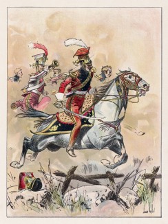 Красные уланы 2-го гвардейского полка легкой кавалерии в атаке (иллюстрация к работе "Императоская Гвардия в 1804--1815 гг." Париж. 1901 год. (экземпляр № 303 из 606 принадлежал голландскому генералу H. J. Sharp (1874 -- 1957))