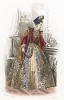 Женские моды в эпоху Генриха III: приталенное парчовое платье с прорезными рукавами, берет со страусиным пером.