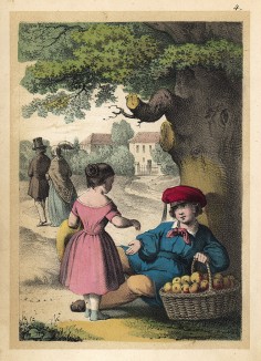 Мальчик продает яблоки. Гравюра из детской книги "Bright Pictures from Child Life", Бостон, 1857