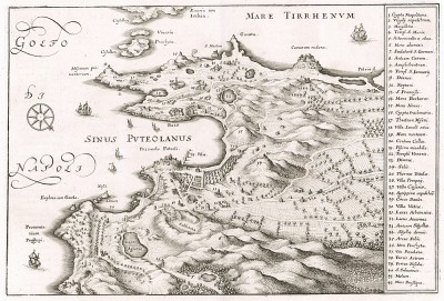 Залив и город Поццуоли (Sinus puteolanus) и окрестности с высоты птичьего полета. План составил Маттеус Мериан. Франкфурт-на-Майне, 1695