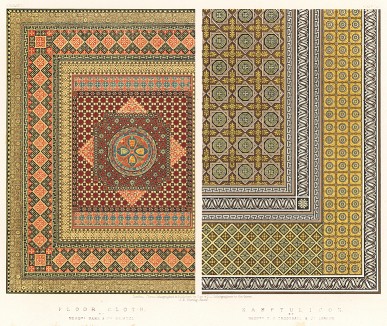 Орнаментальные ковры от мануфактуры Hare & C°, а также модное покрытие камптуликон - предшественник линолеума - от мануфактуры Trestrail & Co. Каталог Всемирной выставки в Лондоне 1862 года, т.2, л.1