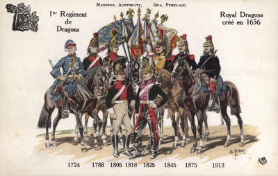 1724-1912 гг. Мундиры и знамена 2-го драгунского полка французской армии, сформированного в 1656 г. и сражавшегося при Маренго, Аустерлице, Йене и Фридланде. Коллекция Роберта фон Арнольди. Германия, 1911-29