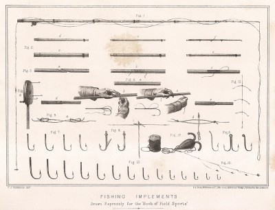 Различные типы удилищ и крючков для рыбной ловли. The Book of Field Sports and Library of Veterinary Knowledge. Лондон, 1864
