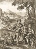 Титир и Мелибей. Иллюстрация к эклоге I из "Буколик" Вергилия. Лист подписного издания посвящён Джону Сомерсу -- барону Сомерсу (1651--1716), канцлеру Англии при короле Вильгельме III с 1696 по 1700 гг. 