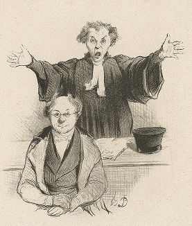 Дело о разводе. "Мой клиент не из тех нахальных мужей, которые терзаются смутными подозрениями... у нас есть неопровержимые доказательства...". Литография Оноре Домье из серии "Les Beaux Jours de la vie", 1843-46 гг. 