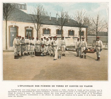 Французские пехотинцы в наряде по кухне чистят картошку. L'Album militaire. Livraison №1. Infanterie. Serviсe interieur. Париж, 1890