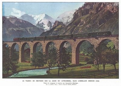 Виадук на Лёчбергской железнодорожной линии в швейцарских Альпах. Les chemins de fer, Париж, 1935