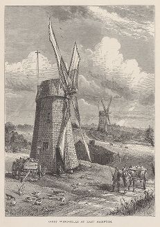 Ветряные мельницы в Ист Хэмптоне, Лонг-Айленд, штат Нью-Йорк. Лист из издания "Picturesque America", т.I, Нью-Йорк, 1872.